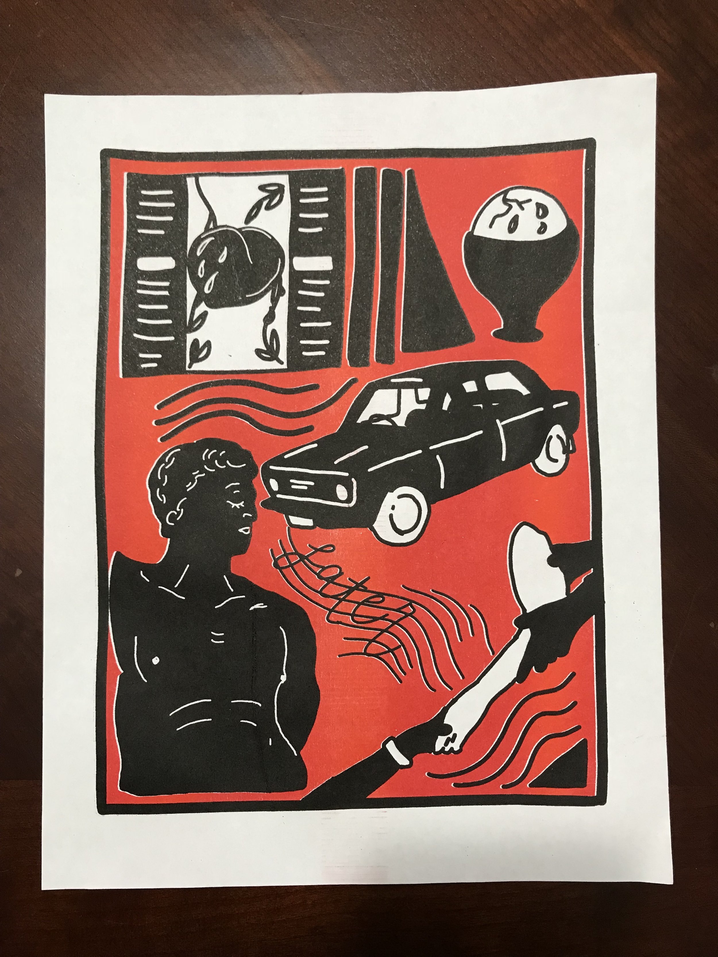 A red and black riso print by Jemimah Barba.