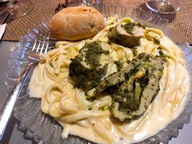 Pork medallions in pasta was a great main course with the white wine with fruity undertones.