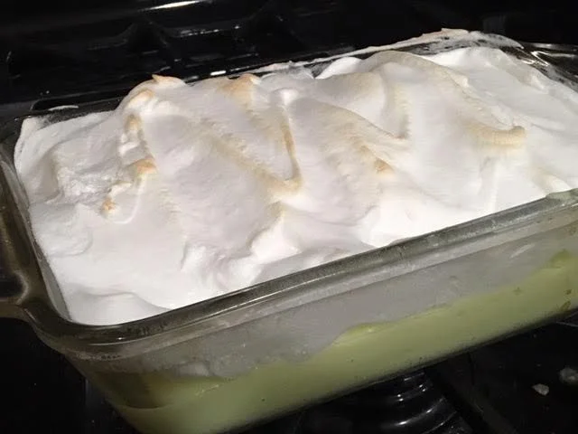 A glass bread pan nicely holds the pie filing to bake the meringue. (Photo by Charlotte Ekker Wiggins)