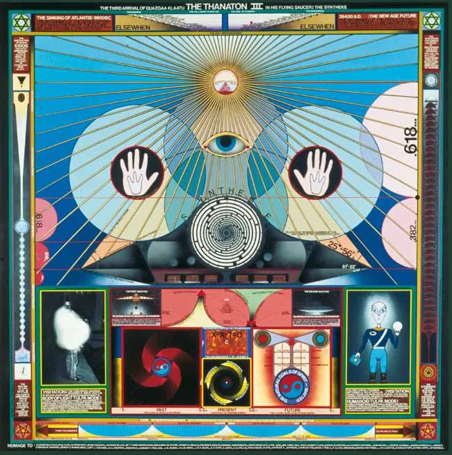 Paul Laffoley, Thanaton III , 1989. Oil, acrylic, ink, lettering on canvas, 73 ½ x 73 ½ in. Courtesy of the artist and Kent Gallery, New York (NY). Collection Richard Metzger and Tara McGinley, Los Angeles (CA).