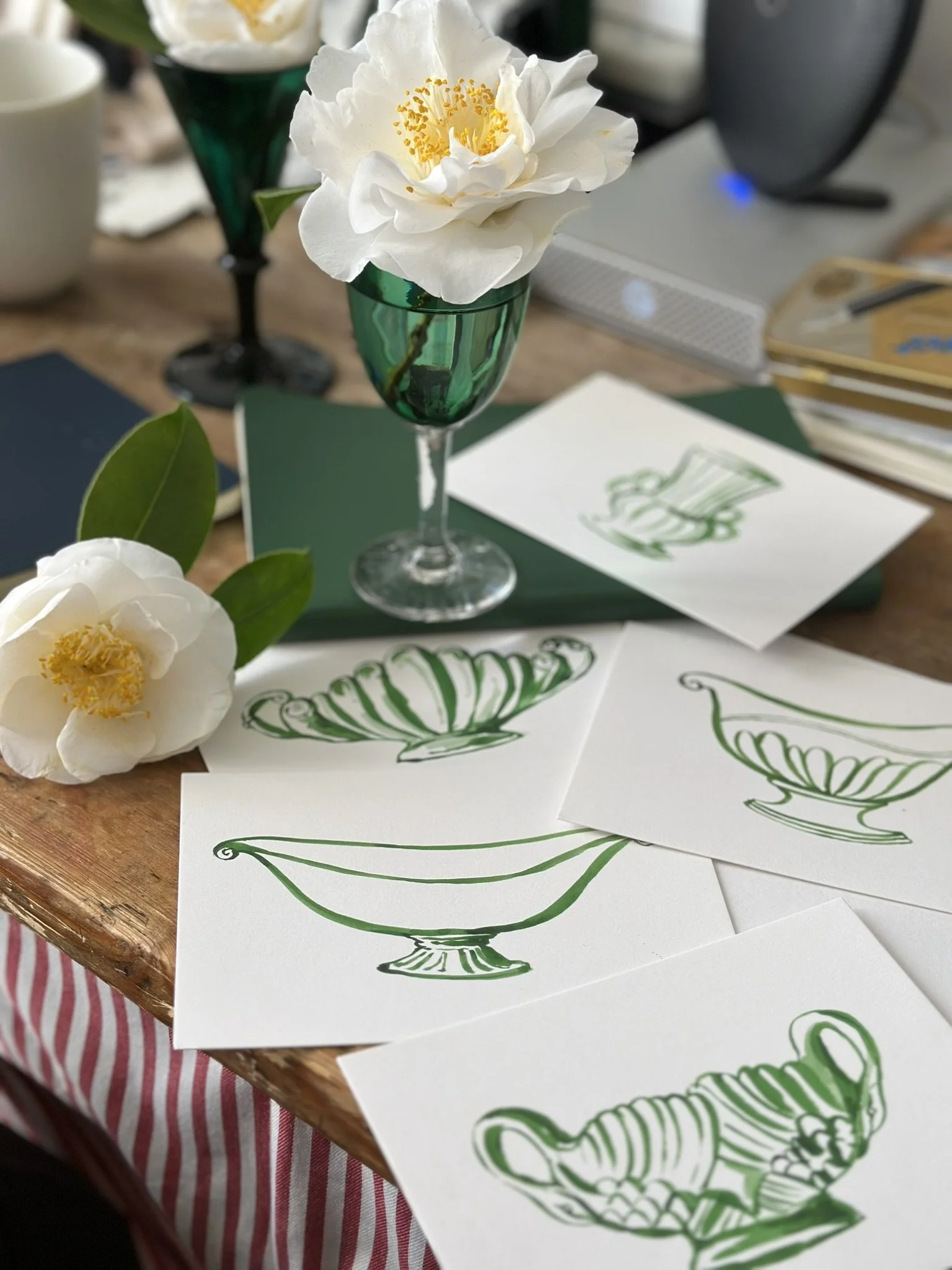 Postcards handmade green garden vases illustrations
