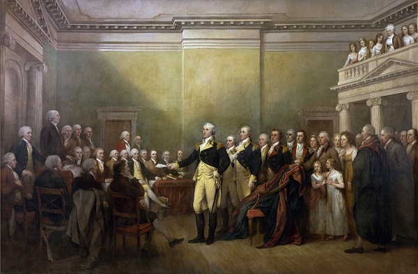 George Washington resigning his commission in 1783, later becoming the first president elected in 1799 by unanimous agreement. 