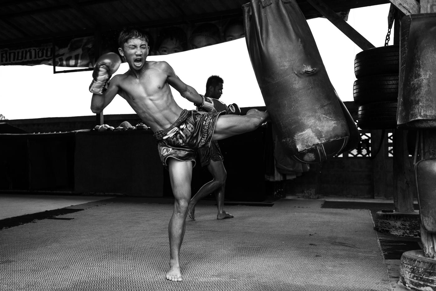 Bag work on the mats at Sangtiennoi Gym