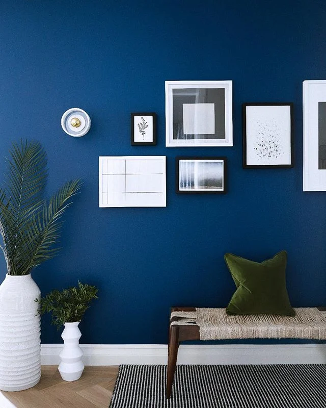 We call this corridor the electric blue oasis ⚡️We wanted to design an entrance way different to your typical console and mirror combo; we opted for a bench and feature gallery wall which is framed by the @tomdixonstudio wall sconces! To finish off lots of oversized geometric vases on the floor with plants. The paint finish is called Deep Space Blue by @littlegreenepaintcompany Design in collaboration with the amazing @dhliberty for our Hampstead Manor show home💙 - #houseofsuisui - - #interiorslondon #residentialdesign #hospitalitydesign #residentialdevelopment #hoteldesign #boutiquehotelawards #littlegreene #londoninteriors #interiordesigner #designblog #interiorblog #interiormagazine #art #tomdixon #interiorinspiration #theworldofinteriors #elledecor #shoreditchhouse #sayhito #vogueliving #studiomcgee #instainterior #instadecor #instadesign #hoteldevelopment #deezeen #wallpapermag #housedesign #houzz