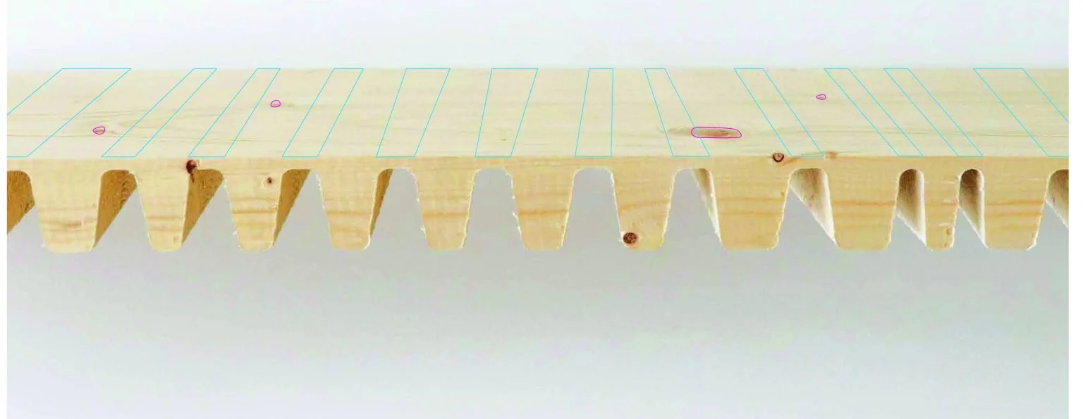 Fig.4: The software analyzes the blemishes “recognized” on the face of the wood. It then positions the desired tooth patter to keep veneer locations free of imperfections.