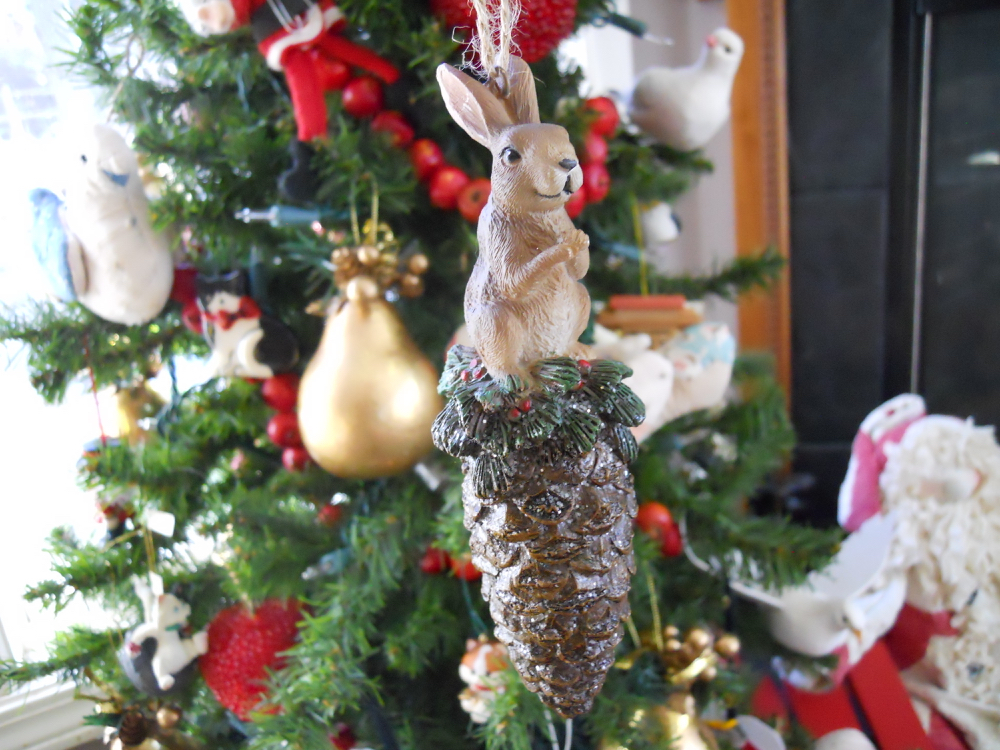 This rabbit on a pine cone is the latest addition to my little Christmas tree this year.