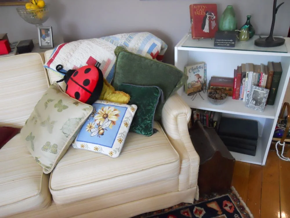 The sofa behind the chair also has a small white bookcase with a selection of favorite books.