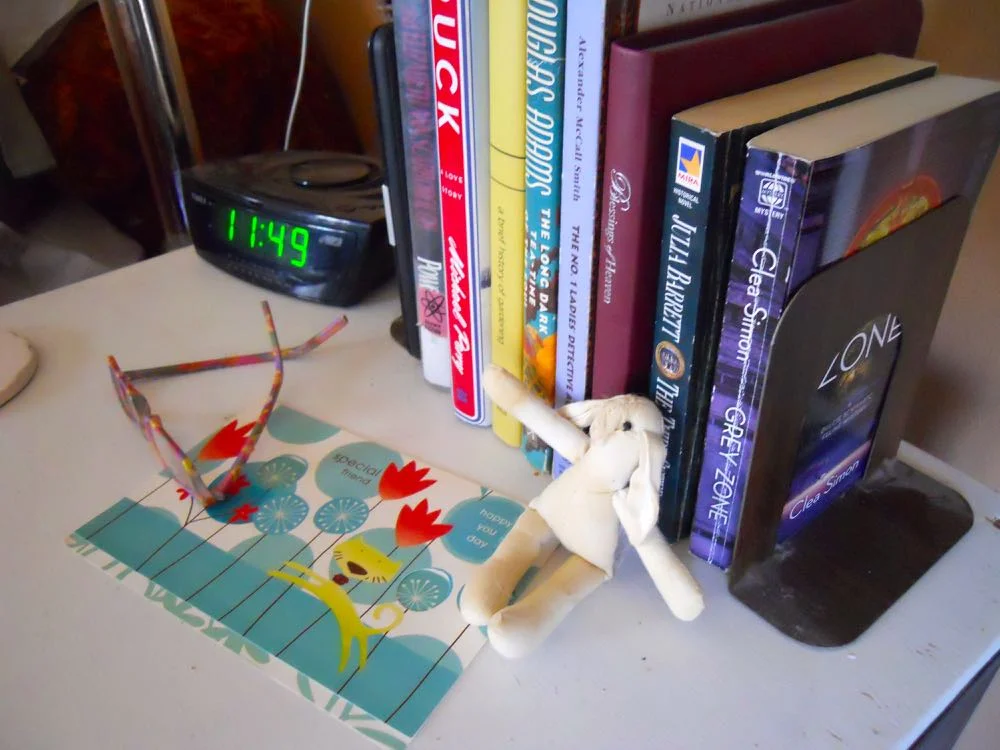 Reading glasses, a card for a book mark and "Bun Bun" the cat toy that often gets moves.