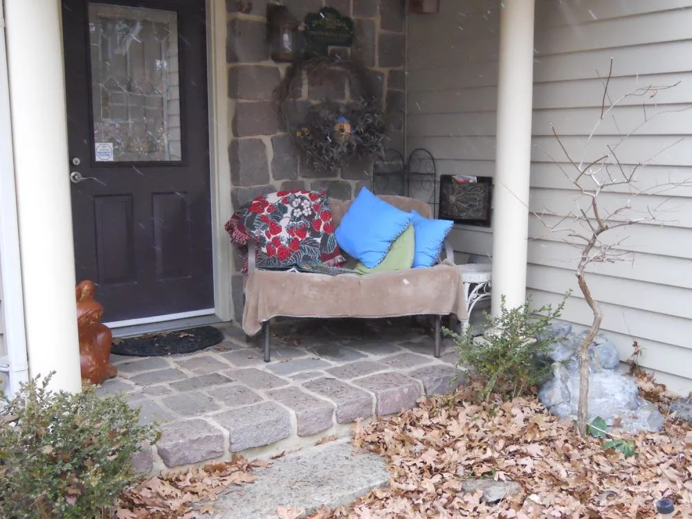 This is the reading nook on my front porch, a little sparse now but full of plants in summer.