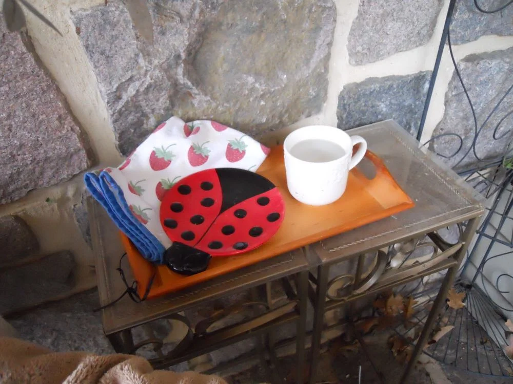 Behind the porch swing I have two tables I can use to hold my warm tea and tray.