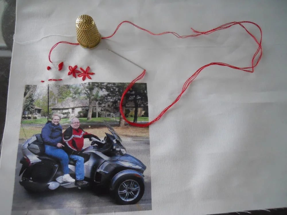 I quickly and easily added embroidery to one of our printed custom photo fabric blocks.