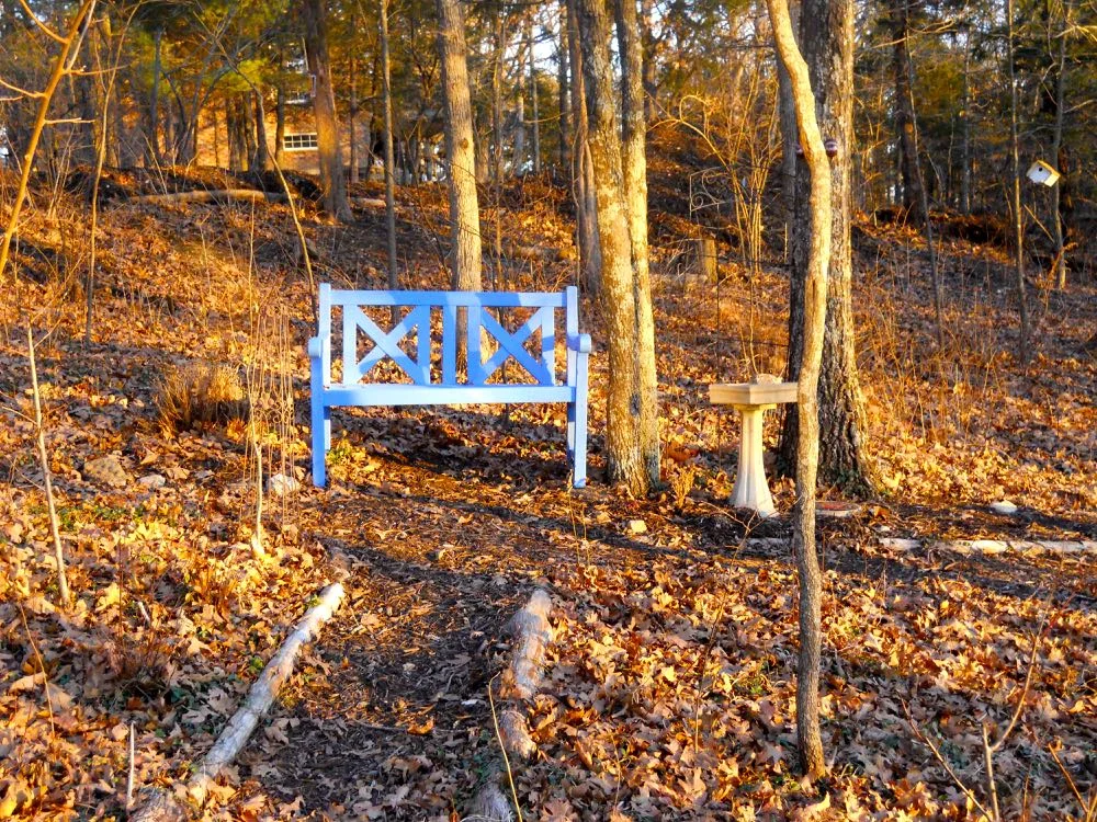 My formerly-red garden bench had a new back added and a couple coats of blue paint.