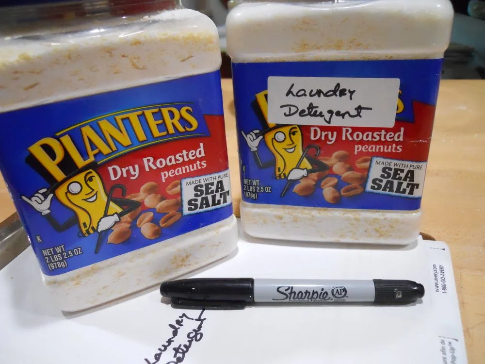 Store finished mix and make sure to mark it. I recycle these peanut containers for my detergent.