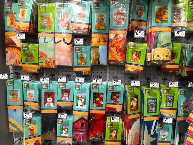 A typical garden flag display at local big box store. (Photo by Charlotte Ekker Wiggins)