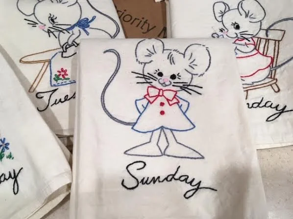 Dapper Sunday mouse in our unique kitchen towel set. (Photo by Charlotte Ekker Wiggins)