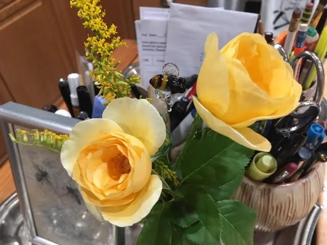 Two small yellow roses I found blooming in my hillside garden. (Photo by Charlotte Ekker Wiggins)