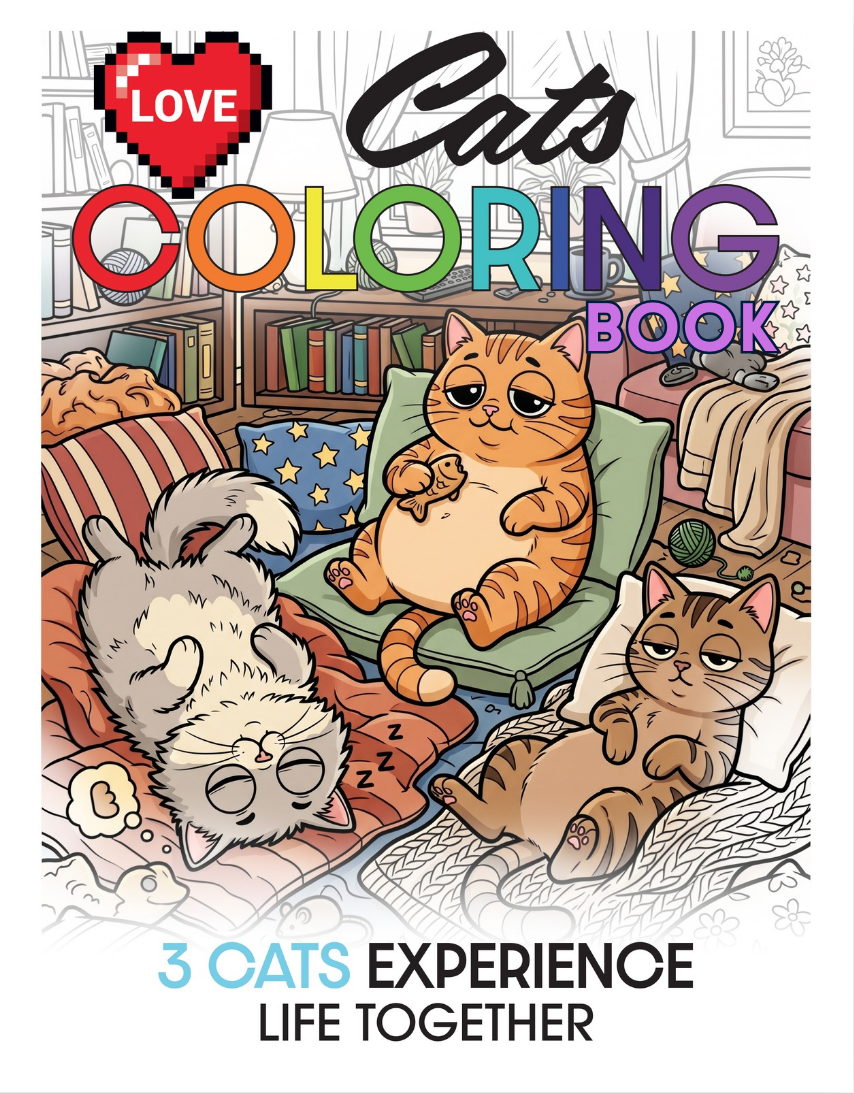 Love Cats Coloring Book. Three Cats Experience Life Together.