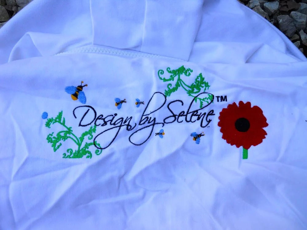 The back of my new beekeeping suit has a sweet design including its own little bees.