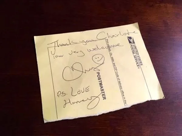The thank you note from my mail carrier after I left her a honey jar. (Photo by Charlotte Ekker Wiggins)