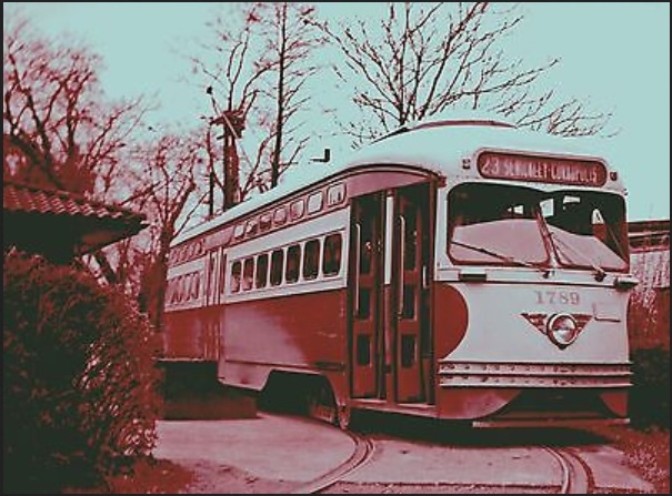 Historical 8 ½” x 11” color photo of Pittsburgh Railways PCC Trolley Car #1789, Route #23 Sewickley-Coraopolis, taken on the turn-around loop at the end of the line in Sewickley sometime in early 1951.