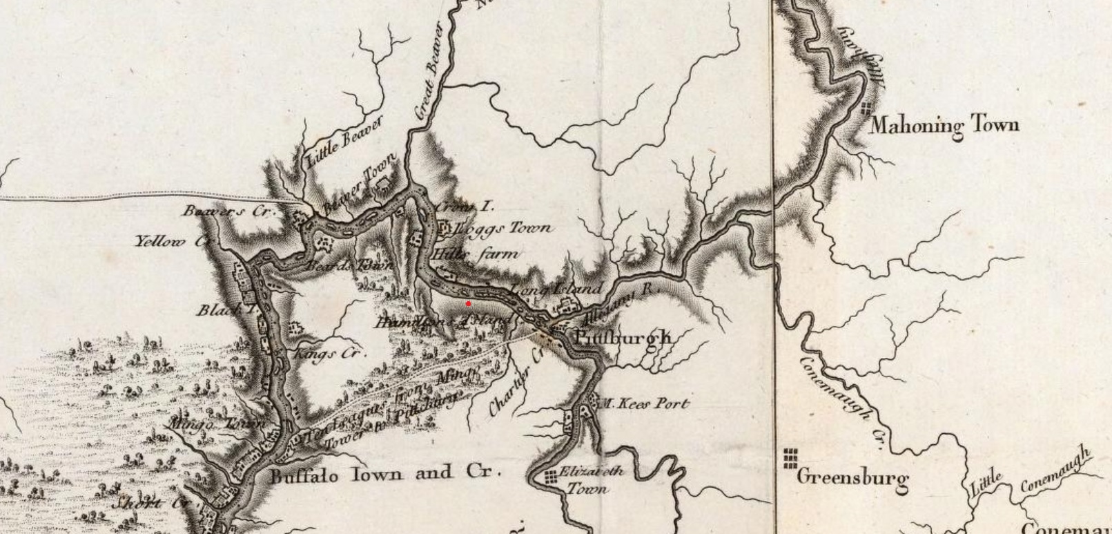 I placed a red dot at the approximate location of present-day Coraopolis. "Long Island" is present-day Neville Island.