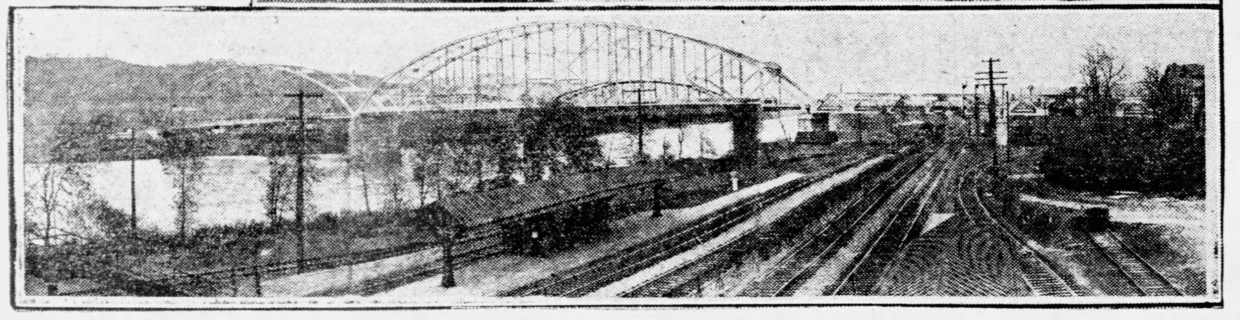 Recycled Bridge can be seen in the forefront, just after it was moved to this location. In the background, one of the last images taken of the Montour Bridge, before it was dismantled. (The left foreground of the photo is the Montour Junction P&LE stop.)