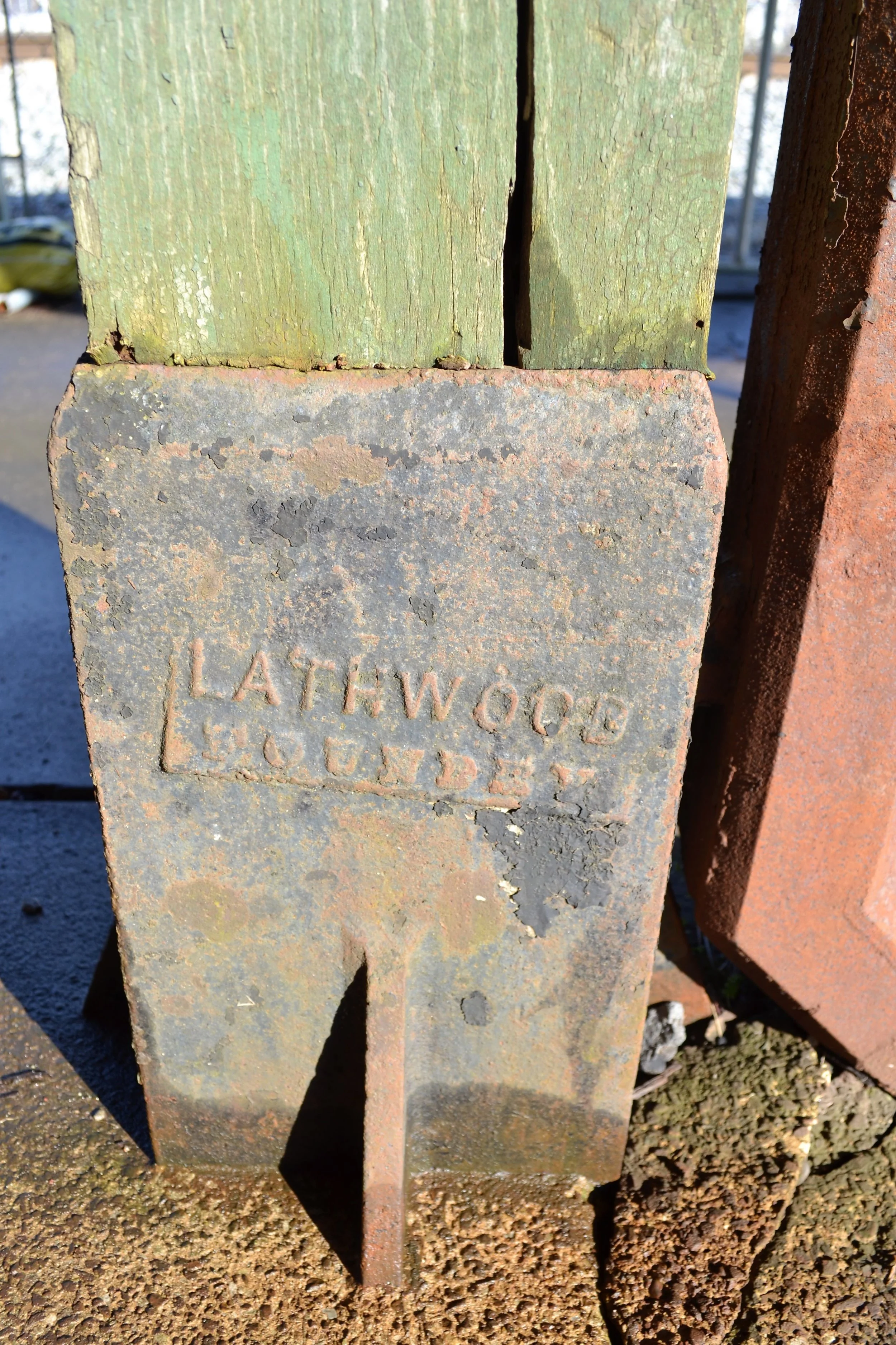 One of the bases of the wooden beams that support the passenger platform on the exterior of the Coraopolis Train Station. The passenger platforms were installed in 1907.