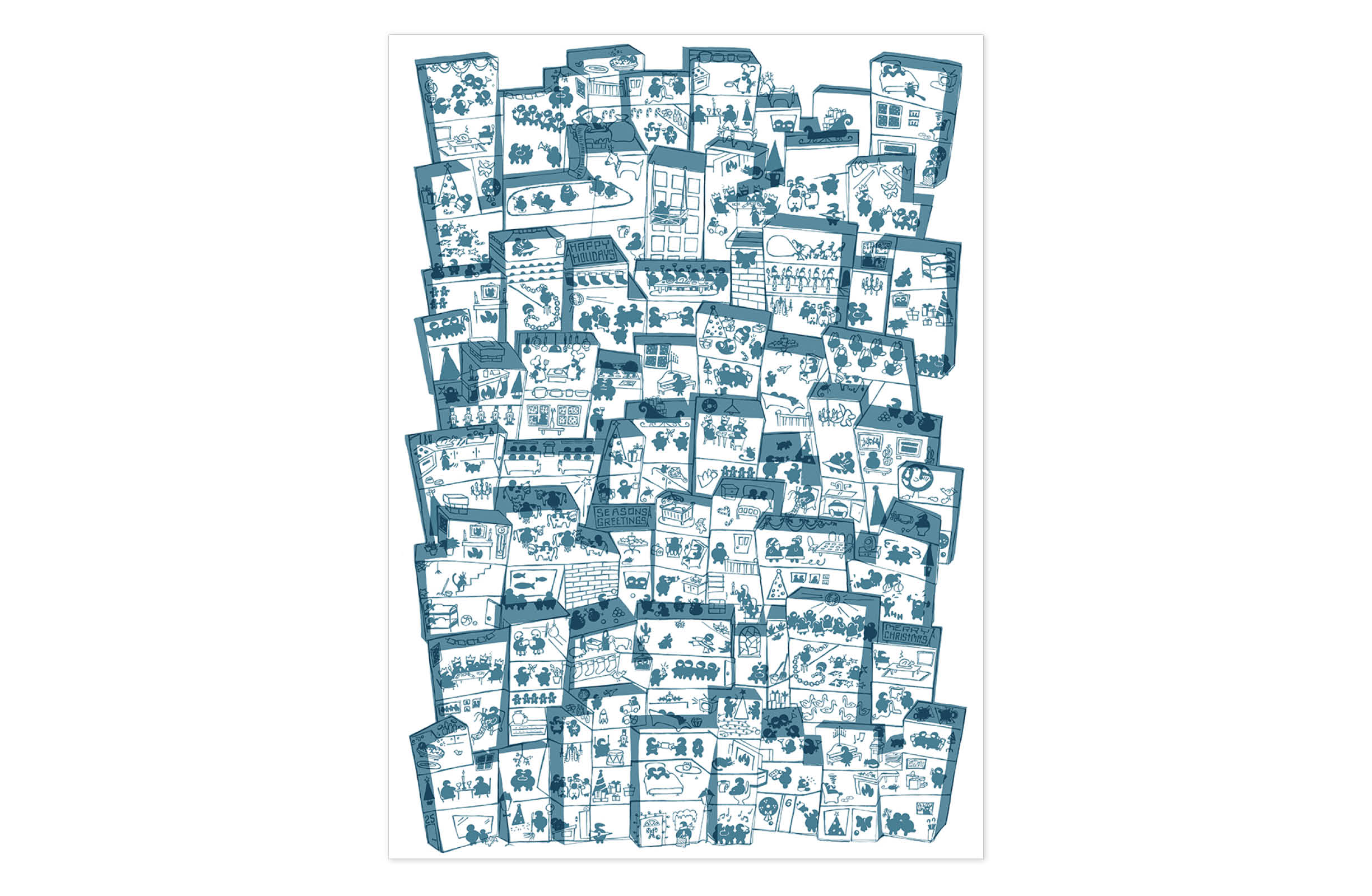 Double-sided Christmas wrapping paper that, when held up to the light, merges the two images into one.