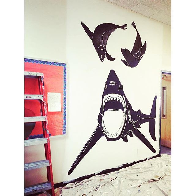 FOOD CHAIN!!! The talented @weareamericananimals as been a part of the EBC family for years and we are honored to have her in here working on this snacking shark mural #WIP #mural #animalart #greatwhite #bushwickart #painting #streetart #wallart #get