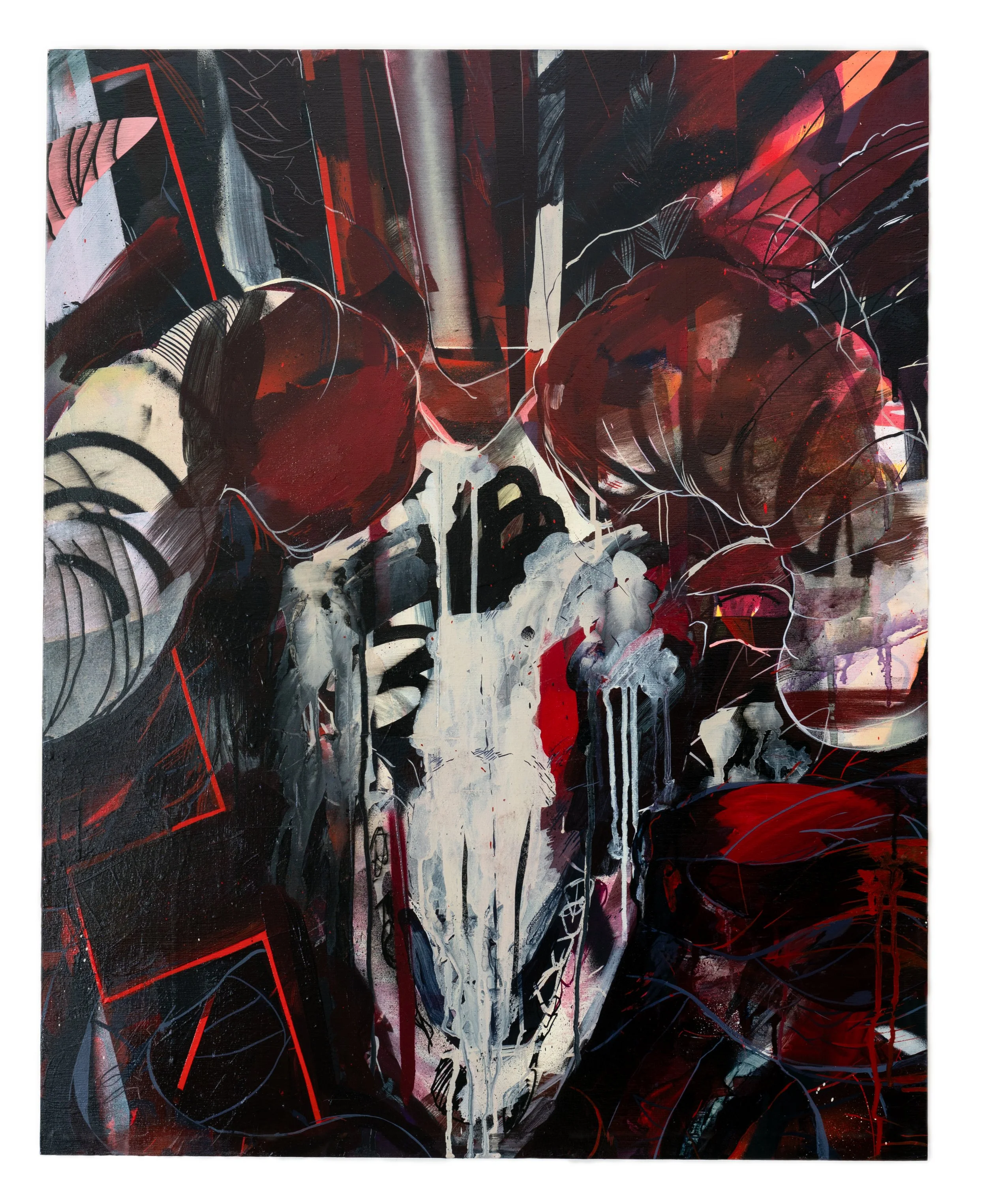 Satanic but with flowers

 

 Acrylic, spray paint, blood on wood pane  24 x 30 in | 60.96 x 76.2 cm  2024  Commissioned work