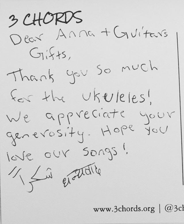 #throwbackthursday to receiving this thank you note from @3chordsorg after we provided the refugee teens in their program a couple ukuleles. We still love listening to the CD they recorded of original music! #refugees #guitars4gifts #guitaristsofinst