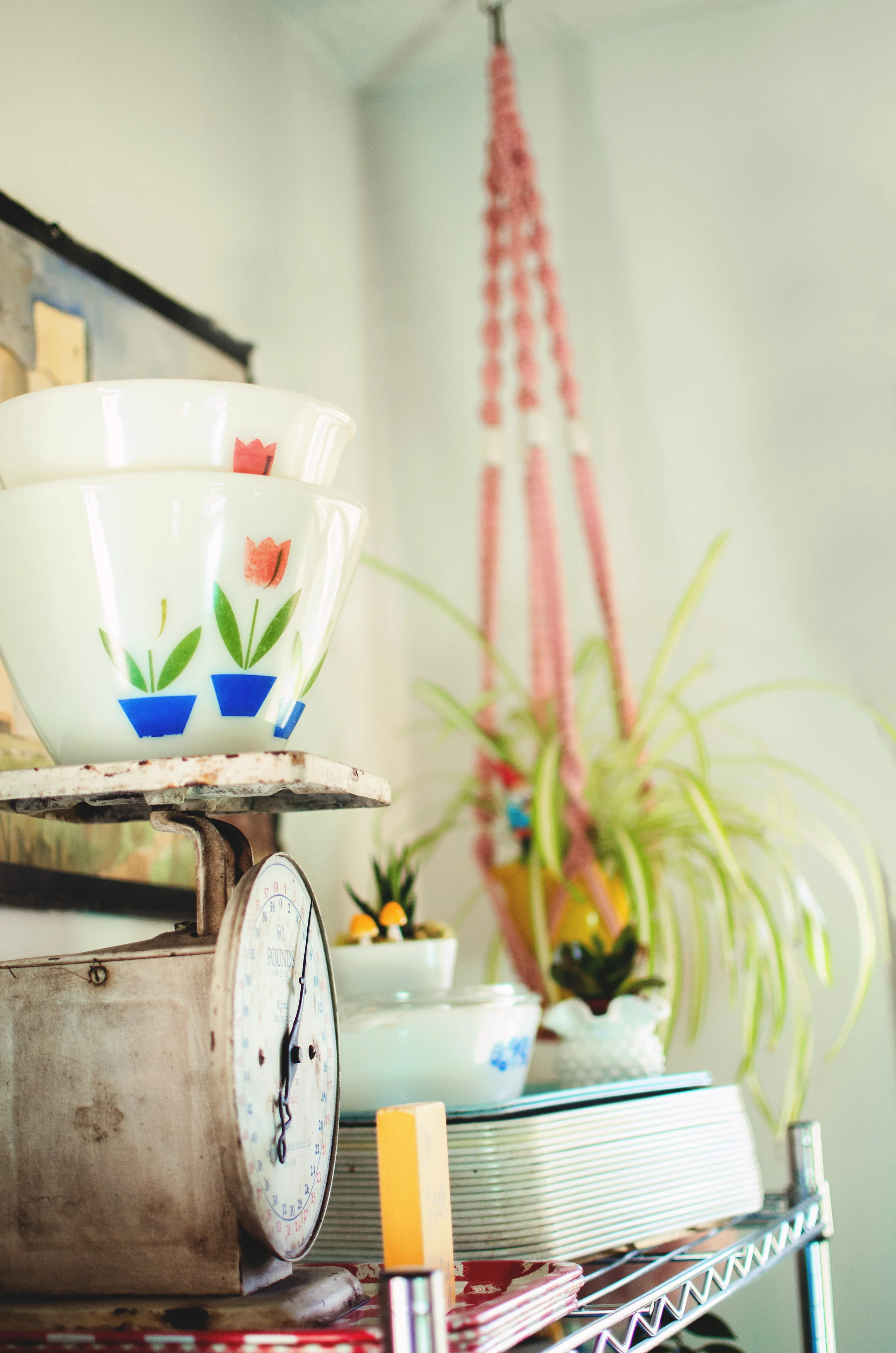 Vintage scale with vintage dishes as decor. H.Prall & Co. | hprallandco.com