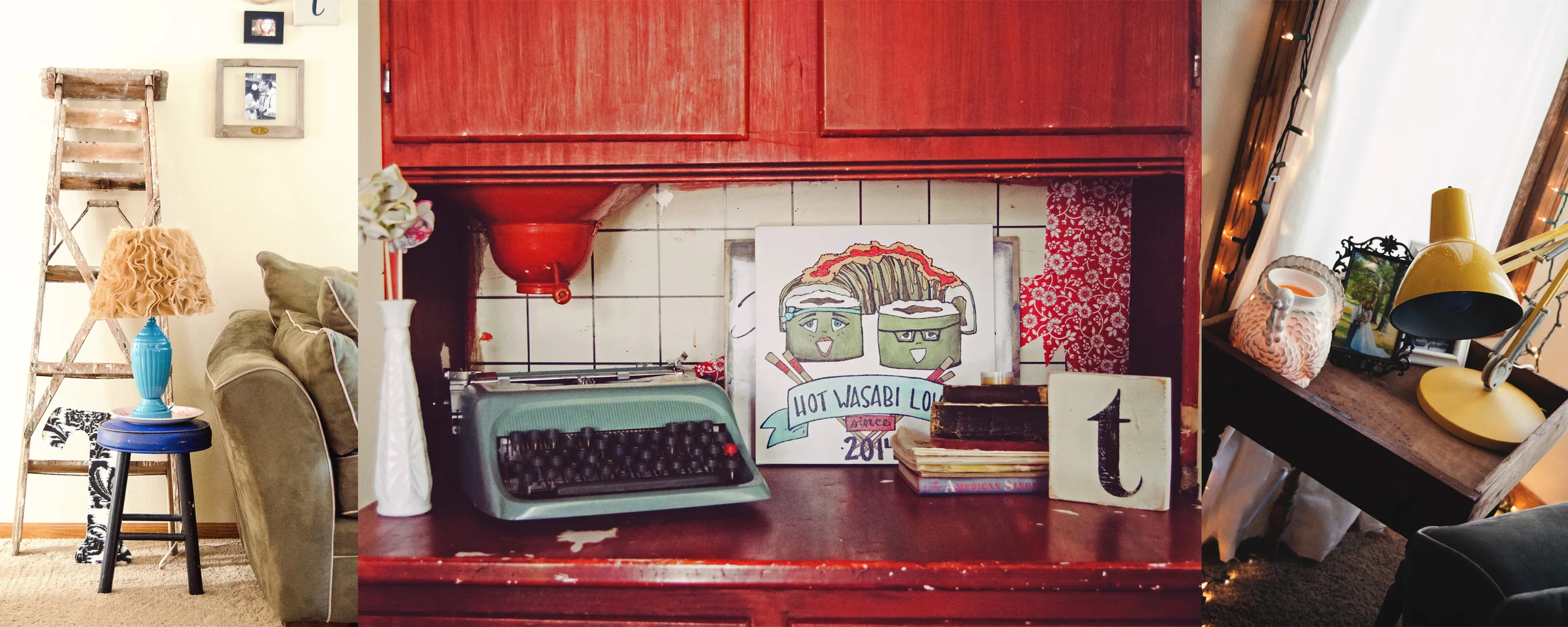 Red cabinet styled with vintage pieces. | hprallandco.com