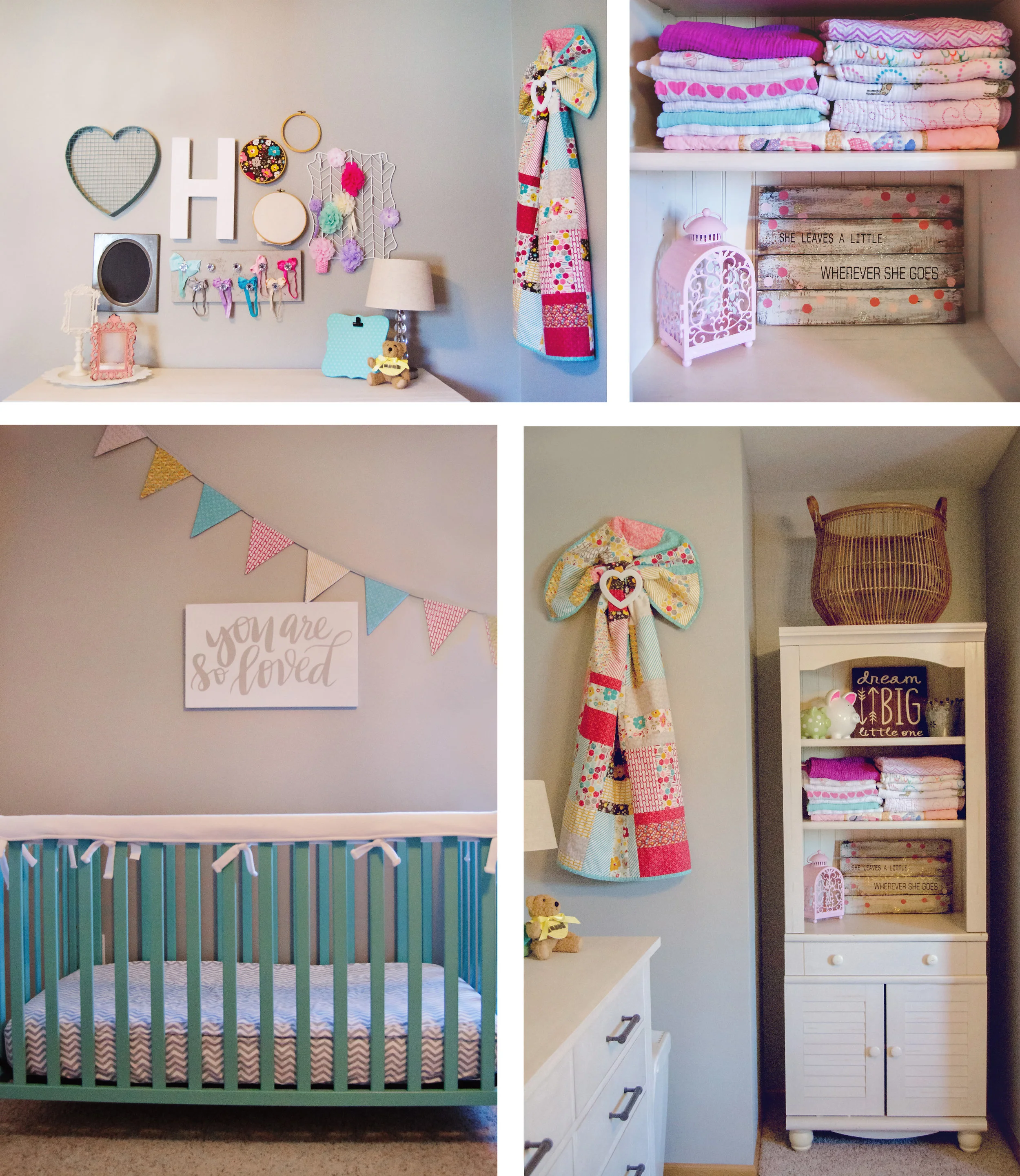 Colorful nursery decor and a turquoise crib for a baby girl. | hprallandco.com