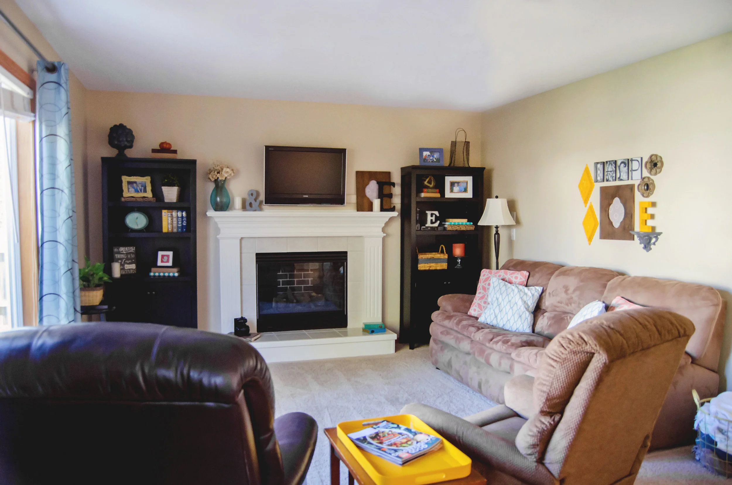 Living room furniture arrangement using couches, chairs, and bookshelves. | hprallandco.com