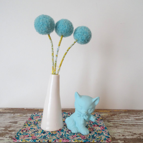 Three blue billy buttons in a vase | Credit: Berry Island | Blog post via: RustopiaConsulting.com
