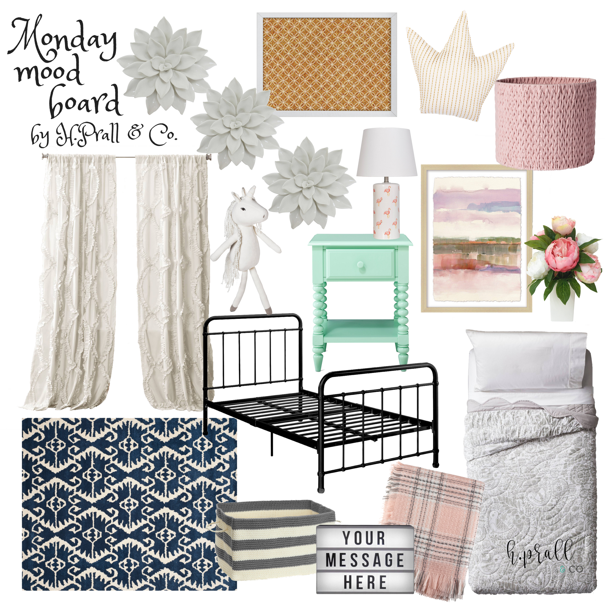 Monday Mood Board featuring a mint nightstand, ruffly curtains and bedding, pink accents, flower wall decor, and a crown throw pillow by RustopiaConsulting.com