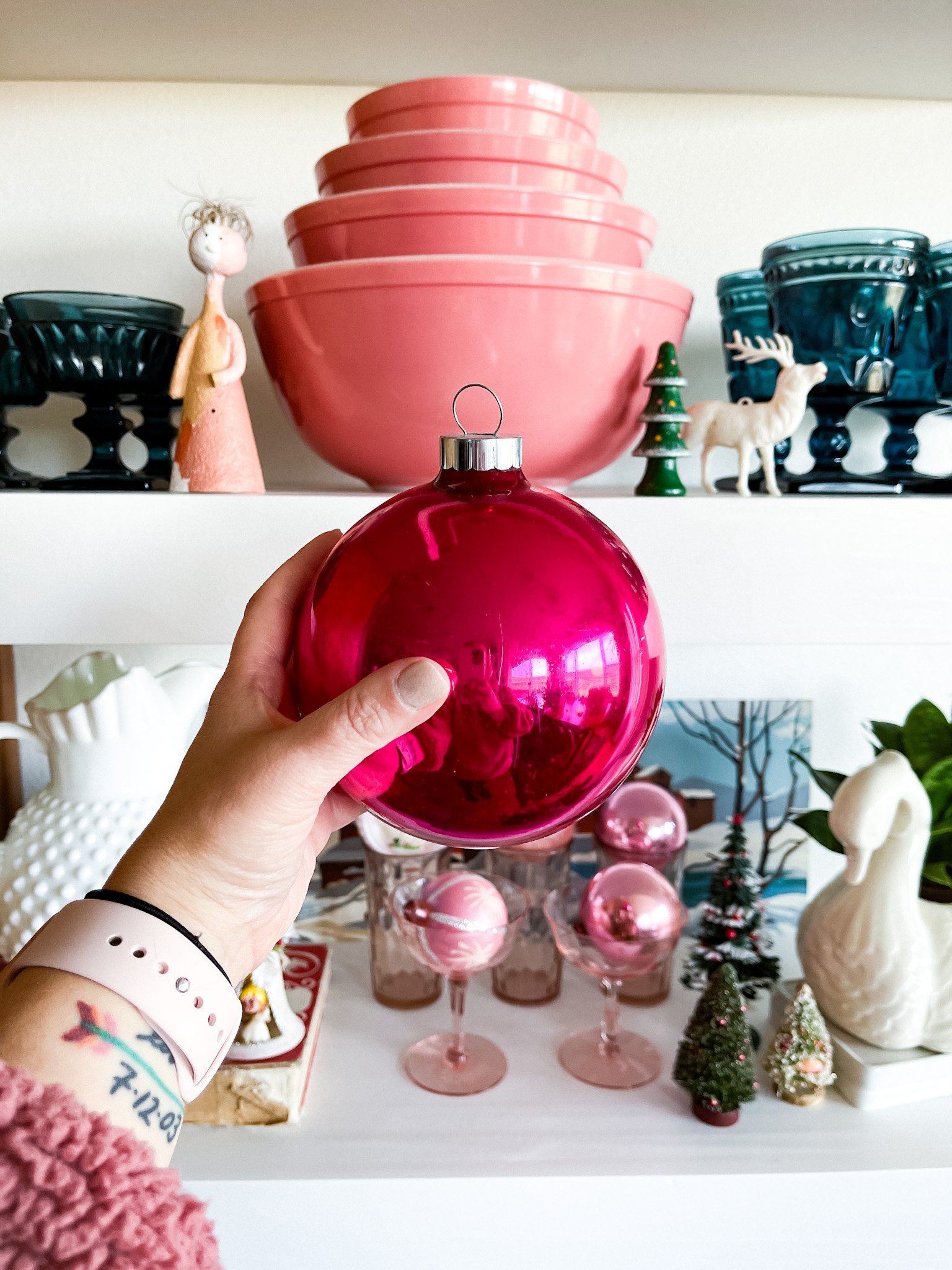 Pink Christmas Tree Decorated with Vintage Shiny Brite Ornaments