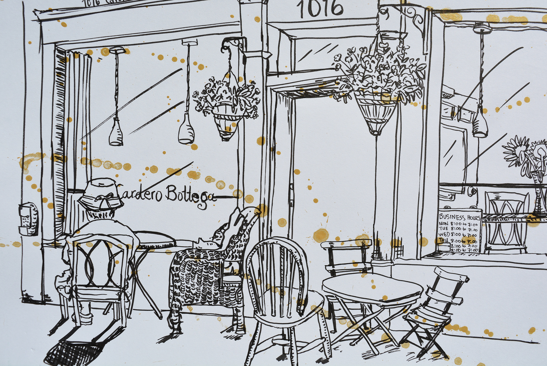 Cafe Bottega, a local cafe in Vancouver's West End neighbourhood. Pitt Fine Tip in Black; Pentel watercolour in Gold.