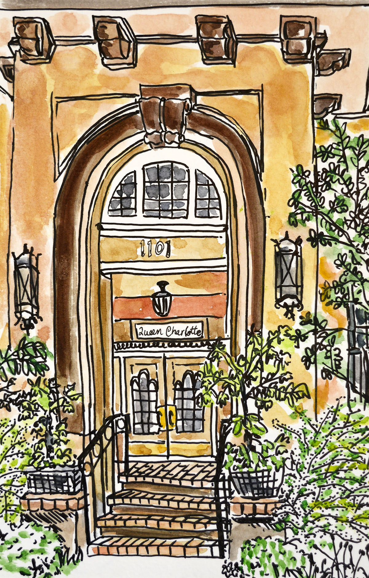 Study of the Queen Charlotte building entrance at 1101 Nicola Street in the West End, Vancouver.