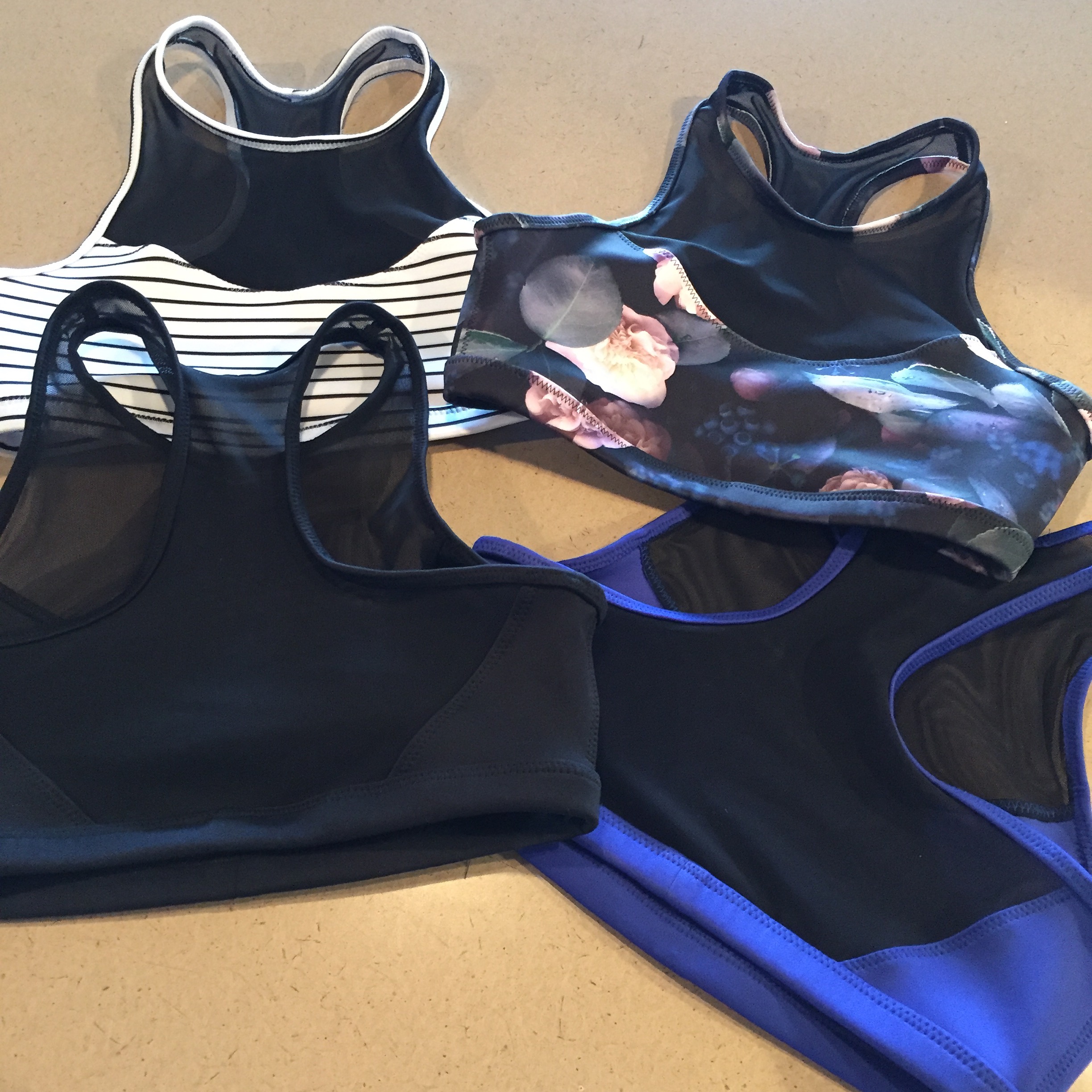 Behind-the-scenes: Finished prototypes of the Pacifica Top in 4 colourways.