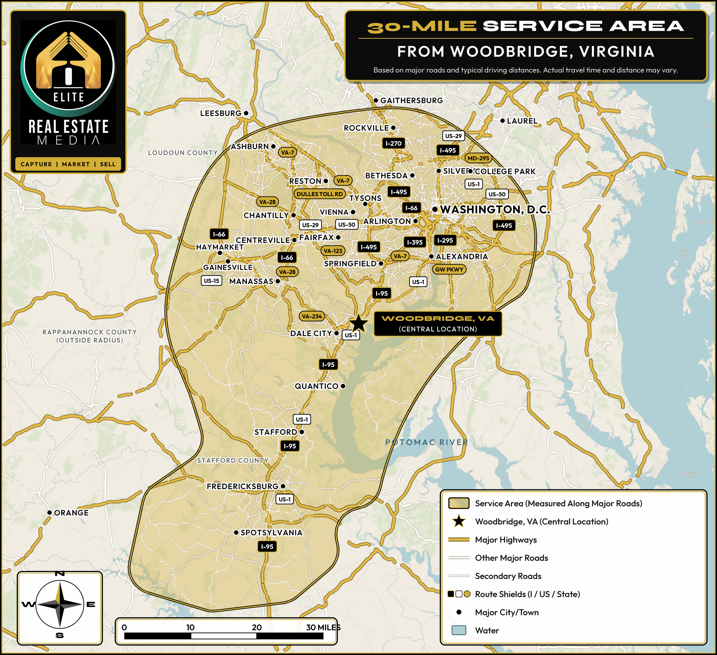 Elite Real Estate Media 30-mile service area map from Woodbridge, Virginia, including Spotsylvania, Fredericksburg, Northern Virginia, DC and nearby Maryland