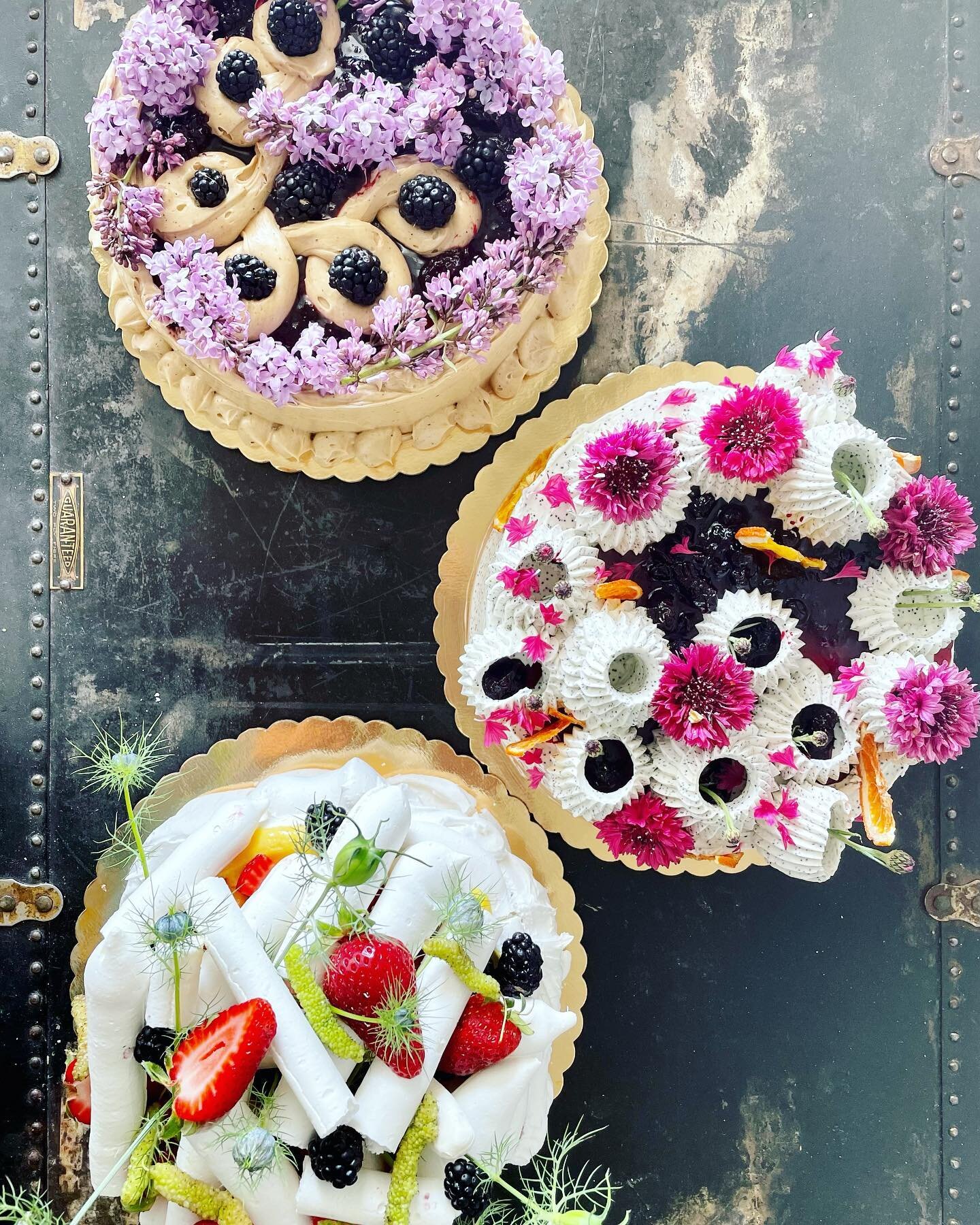 Line up of whole grain cakes and pavlova for a baby shower! Featuring summer berries - blackberry, Blueberry, strawberry and mulberry. We love a dessert spread featuring multiple cakes. Everyone gets what they most want and the whimsy is at an all ti