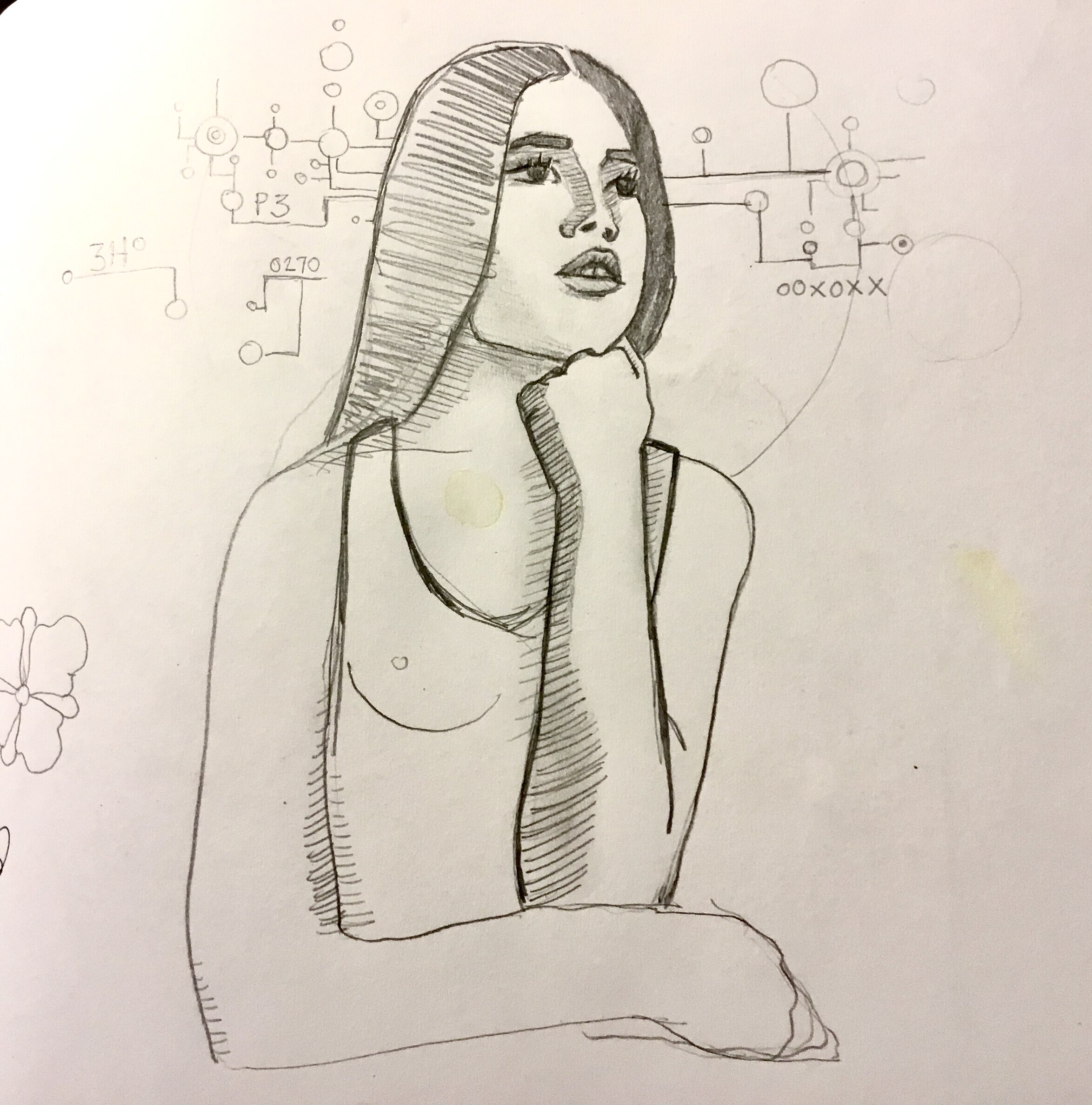 A pencil sketch of a woman with long hair, resting her chin on her hand, with scientific diagrams and a flower in the background.
