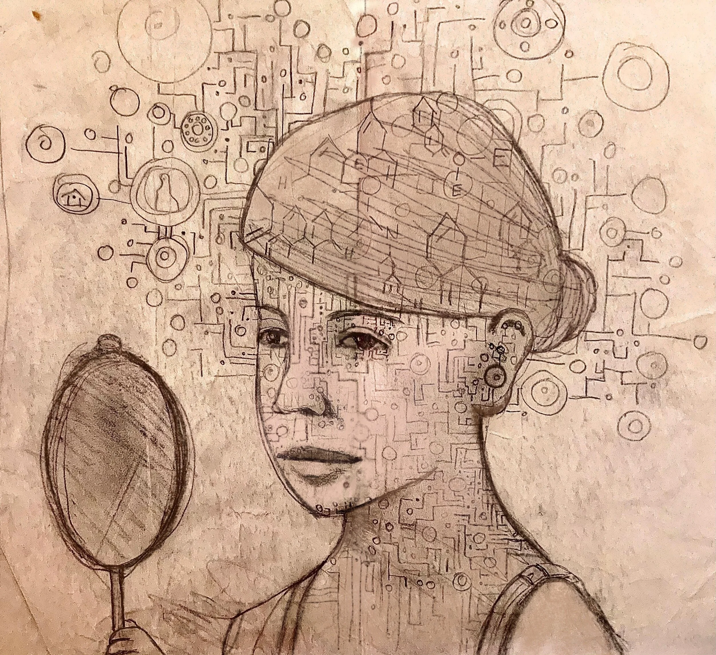 A sketch of a woman's face with circuitry and geometric patterns, wearing a virtual reality headset and holding a mirror.
