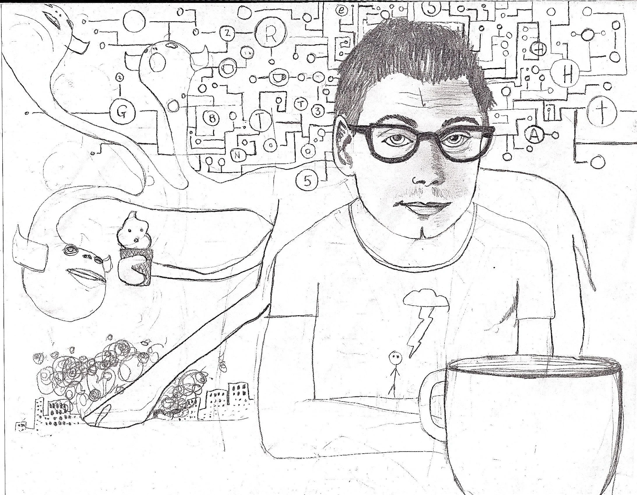 A hand-drawn sketch of a person with dark hair and glasses, sitting at a desk with a mug. The background features various doodles and schematic diagrams, including a cute bear, a cow, a cityscape, and abstract circuitry, with some elements labeled wi