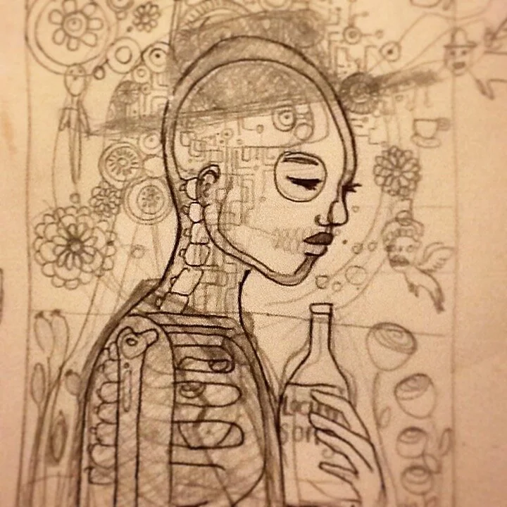 A pencil sketch of a woman with her eyes closed, holding a bottle, surrounded by flowers and abstract patterns.