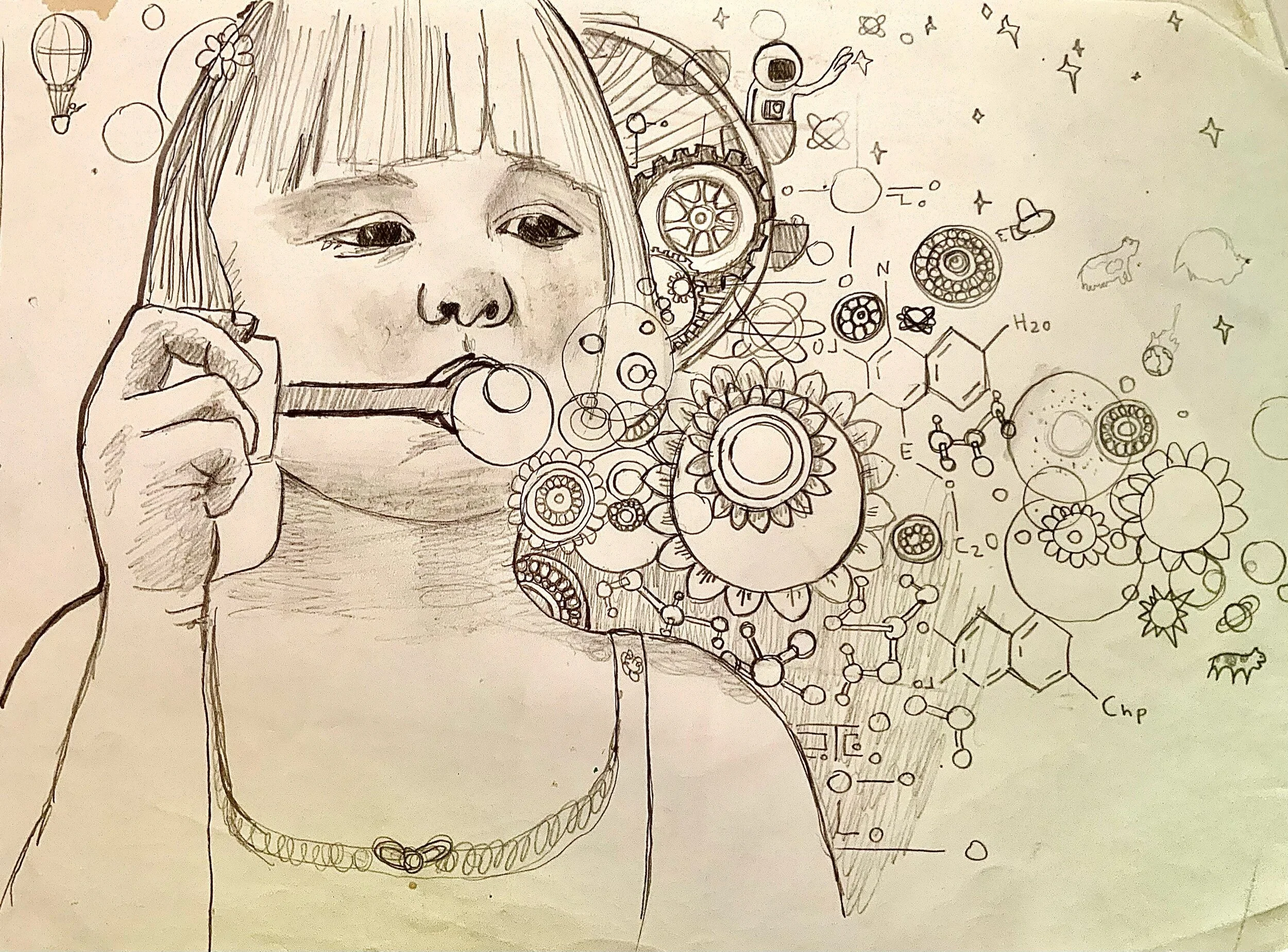 Hand-drawn sketch of a young girl with shoulder-length hair, holding a bubble pipe, with scientific and space-themed illustrations, including gears, molecules, planets, and stars, surrounding her.