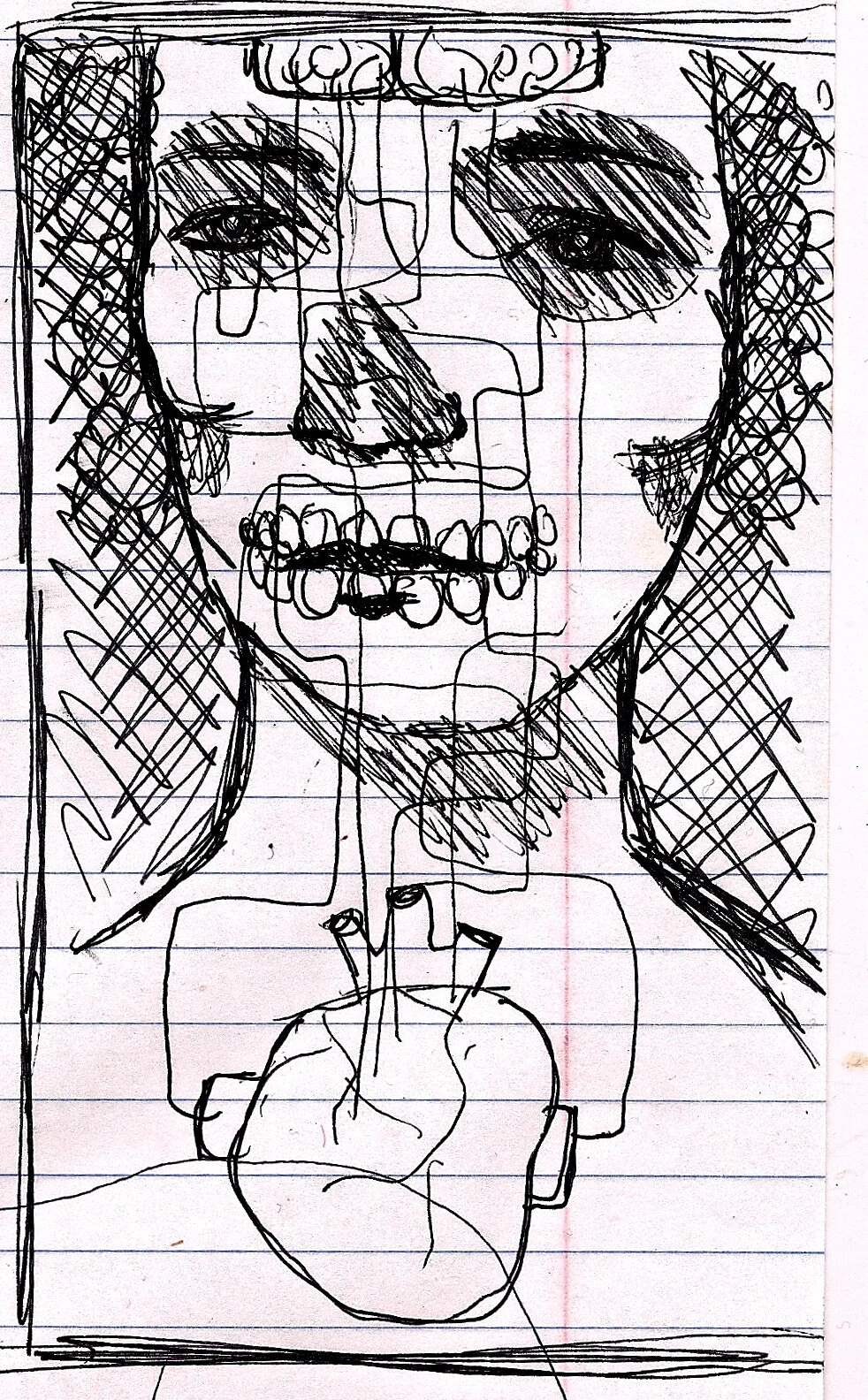 Sketch of a woman's face with shoulder-length hair, smiling, with an anatomical heart drawn below her chin.