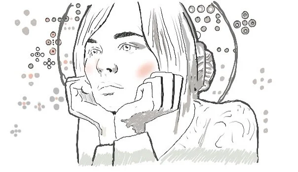Illustration of a young woman with short hair resting her chin on her hands and looking thoughtfully to the side, with a hat in the background and small decorative dots around her.